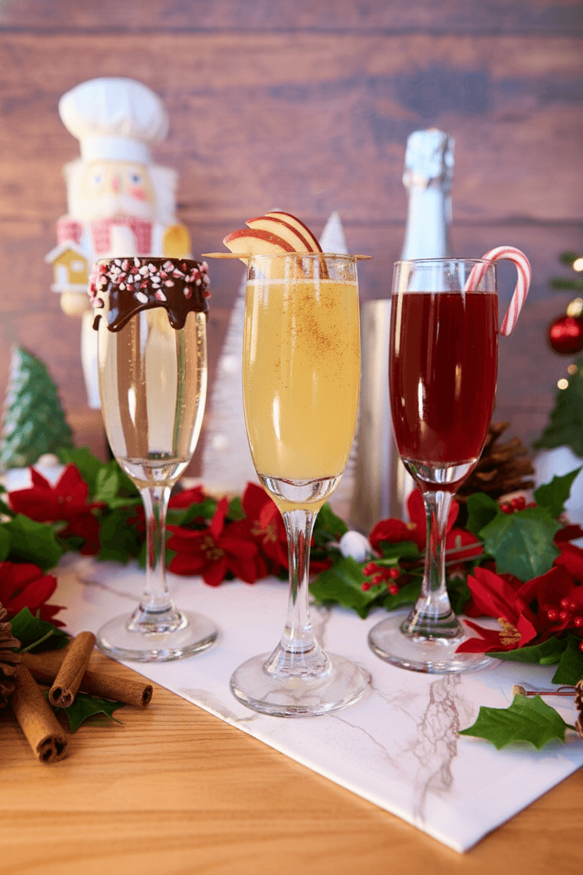 Christmas Mimosa Flight - Three festive mimosas featuring Apple Cinnamon, Peppermint Cran-mosa, and Peppermint Bark Champagne